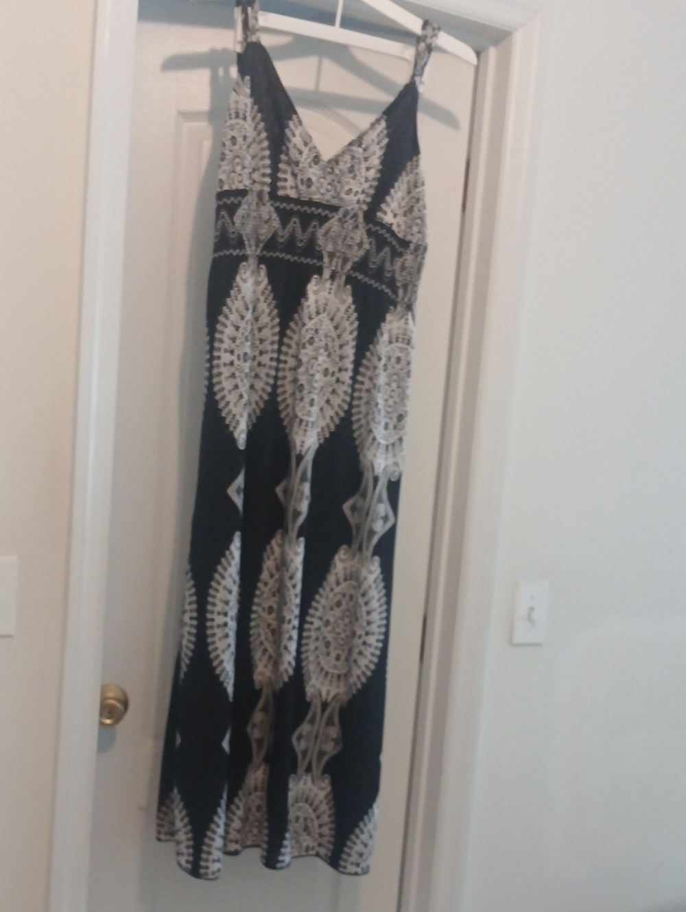 Sleeveless Black Maxi Dress with White Medallion Print